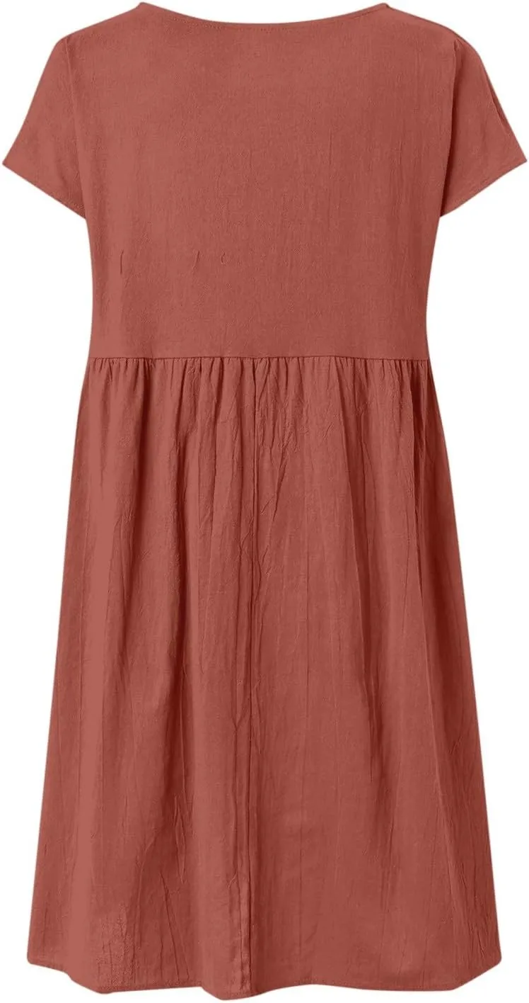 PTOLOCIF 2024 Fashion Summer OL Temperament Women's and Linen Round Neck A Line Skirt Plus Size Loose Dress Full Length