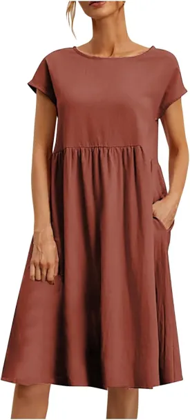 PTOLOCIF 2024 Fashion Summer OL Temperament Women's and Linen Round Neck A Line Skirt Plus Size Loose Dress Full Length