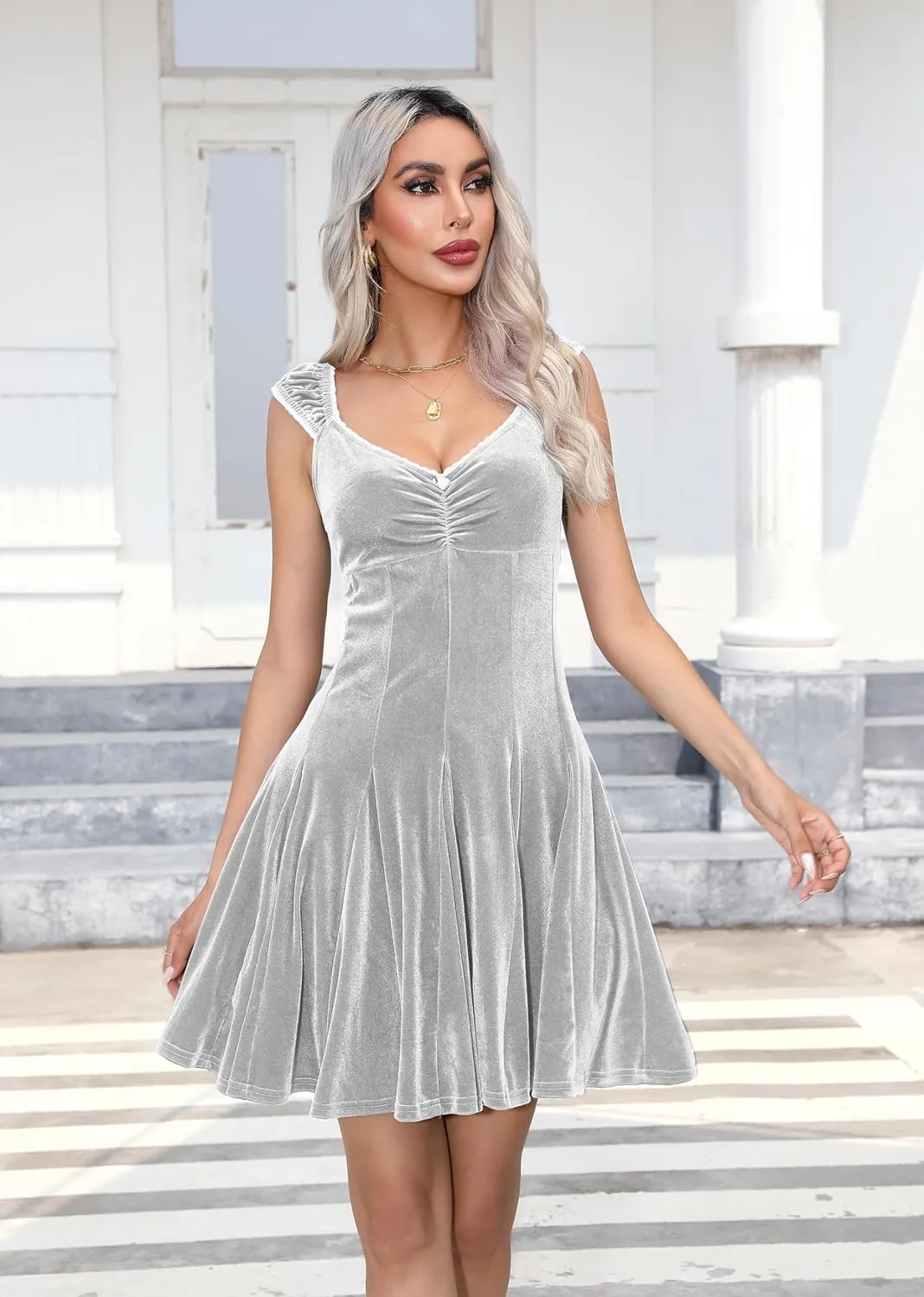 R.Vivimos Women's Fall Velvet Party Dress Sleeveless V Neck Empire Waist Elastic Fit and Flare Swing Mini Dress