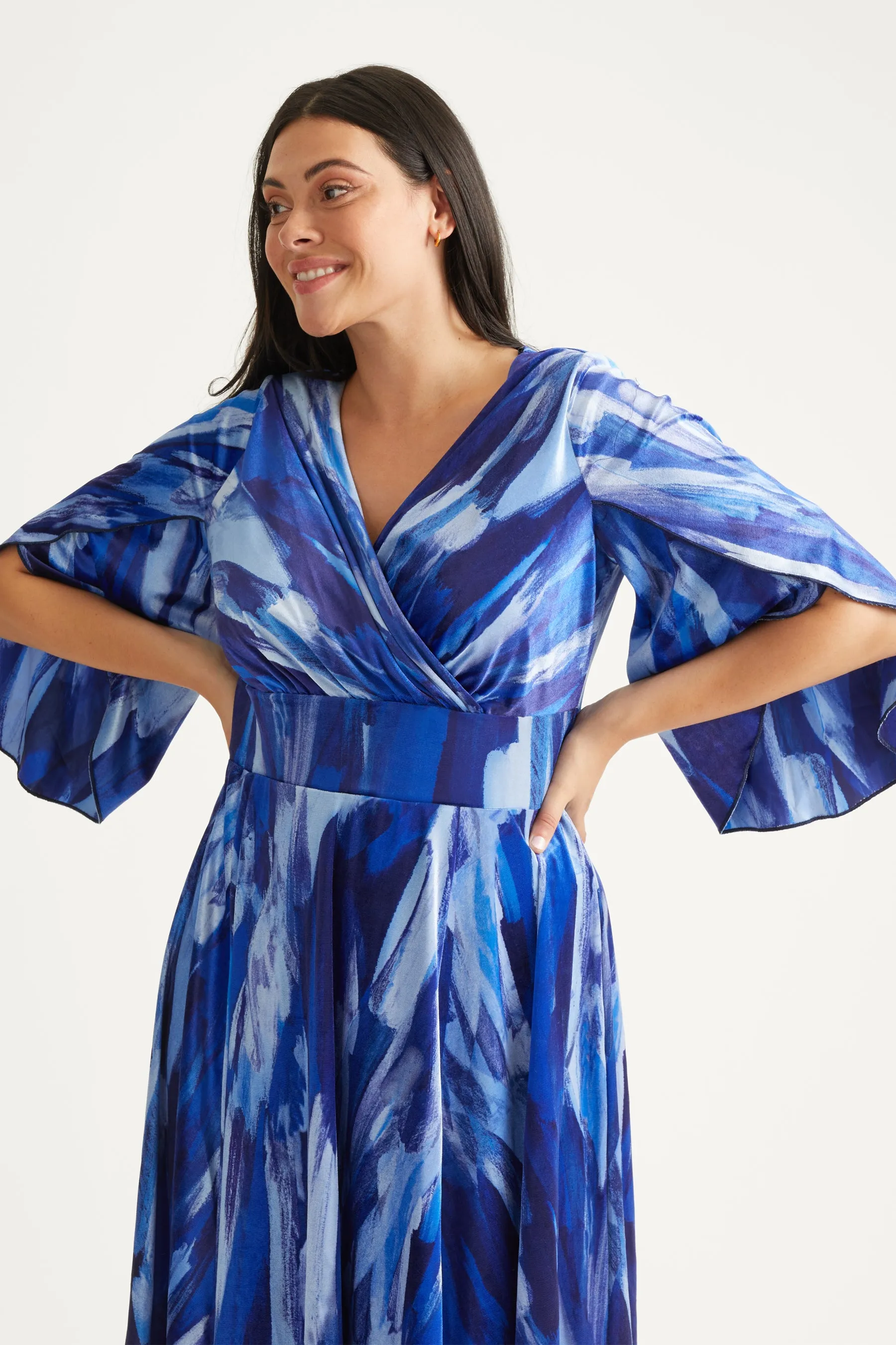 Soraya Blue Velvet Hanky Hem Kimono Dress