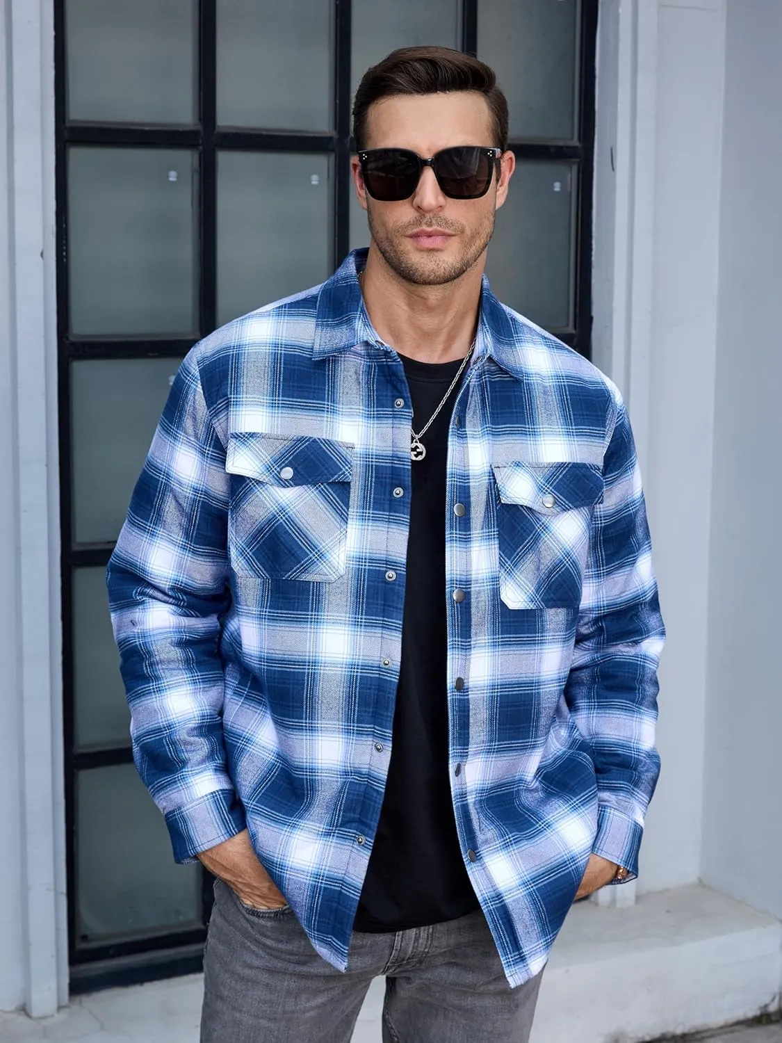 TACVASEN Men's Flannel Shirt Jacket Quilted Lined Long Sleeve Button Down Shirts Jacket
