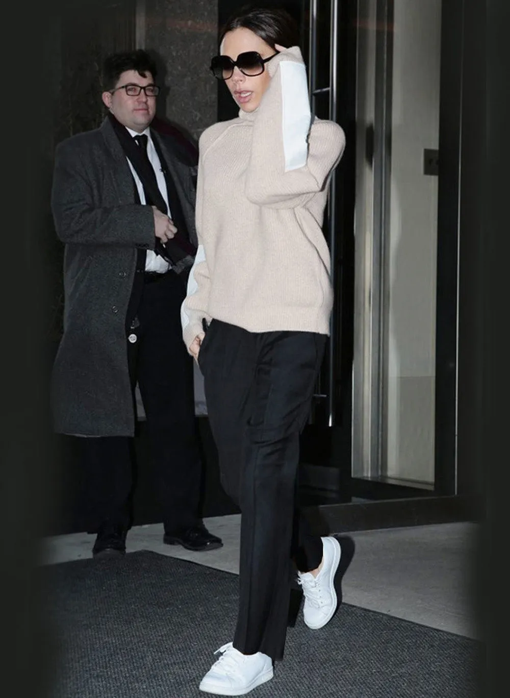 Turtleneck Relaxed Elbow-pad Beige Sweater & Black Cigarette Pants