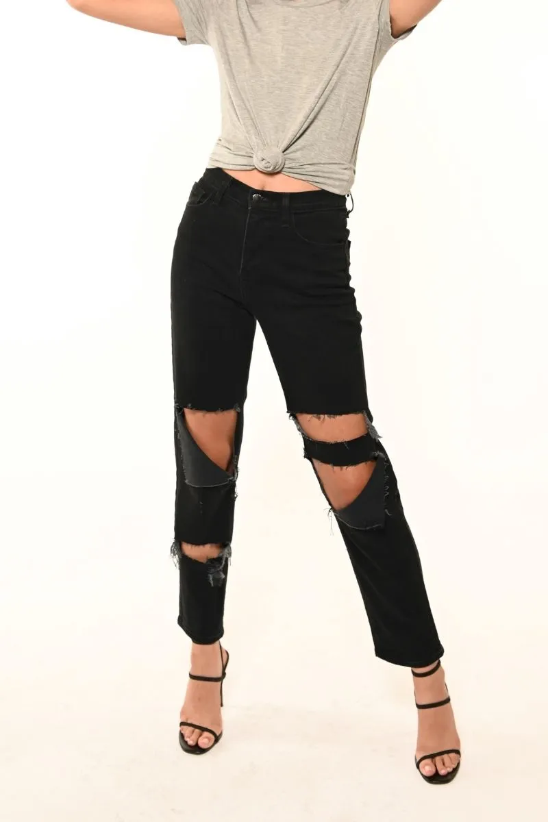 Uni Black Girlfriend Ripped Denim Jeans