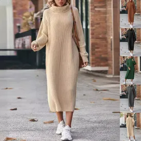 Winter Turtleneck Knitted Sweater Dress Fashion Solid Loose Pullover Long Dresses For Women Clothing