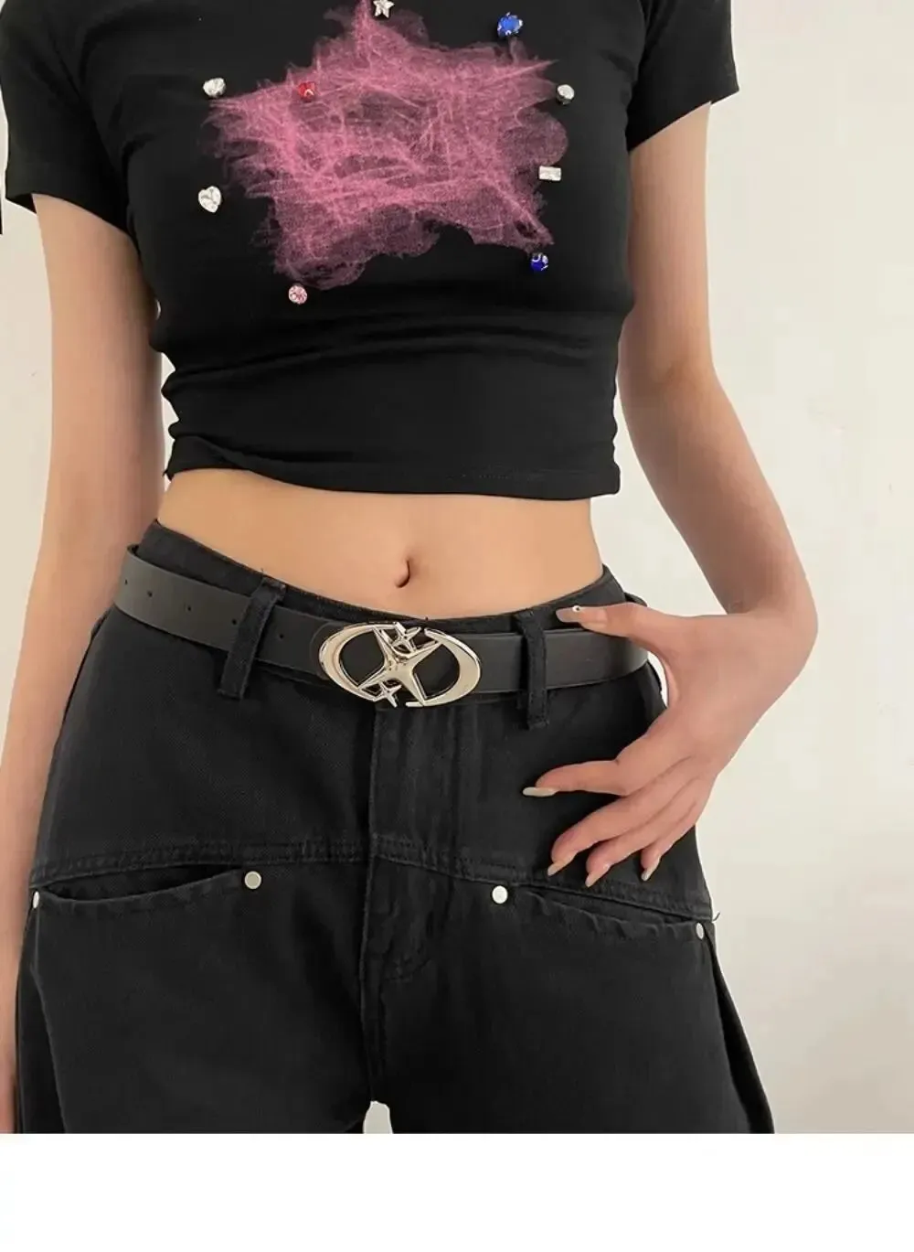 Women Belt Punk Star Buckle Belt Design Cross Metal Vintage Gothic Men Women Y2K Belt Pu Leather Waistband Pants Jeans Lady Belt