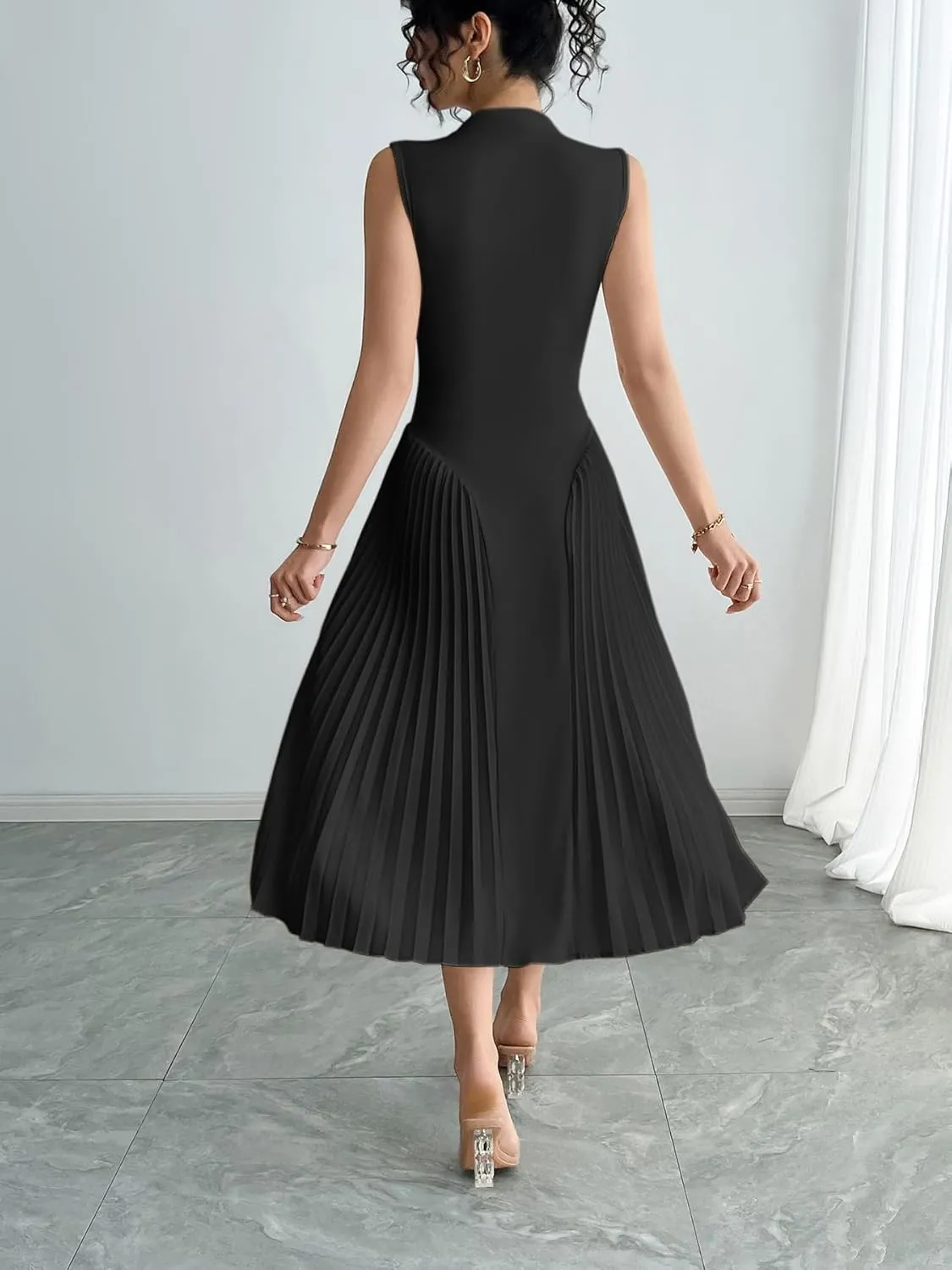 Women Pleated Flowy Midi Dress Turtle Neck Sleeveless Wrinkles Solid Long Dresses Swing Ribbed Knit Casual