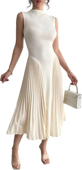 Women Pleated Flowy Midi Dress Turtle Neck Sleeveless Wrinkles Solid Long Dresses Swing Ribbed Knit Casual