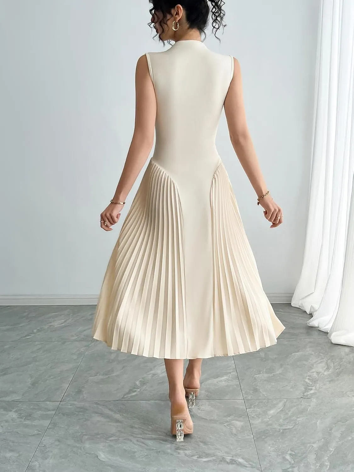 Women Pleated Flowy Midi Dress Turtle Neck Sleeveless Wrinkles Solid Long Dresses Swing Ribbed Knit Casual