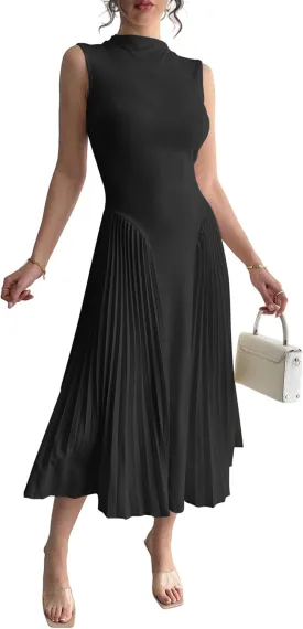 Women Pleated Flowy Midi Dress Turtle Neck Sleeveless Wrinkles Solid Long Dresses Swing Ribbed Knit Casual
