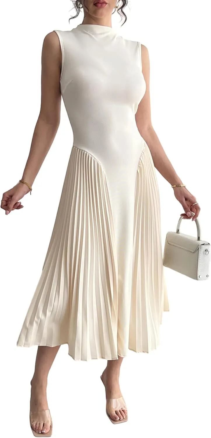 Women Pleated Flowy Midi Dress Turtle Neck Sleeveless Wrinkles Solid Long Dresses Swing Ribbed Knit Casual