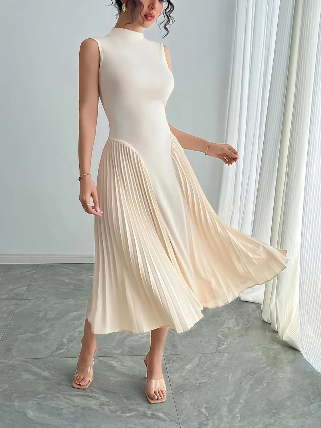 Women Pleated Flowy Midi Dress Turtle Neck Sleeveless Wrinkles Solid Long Dresses Swing Ribbed Knit Casual