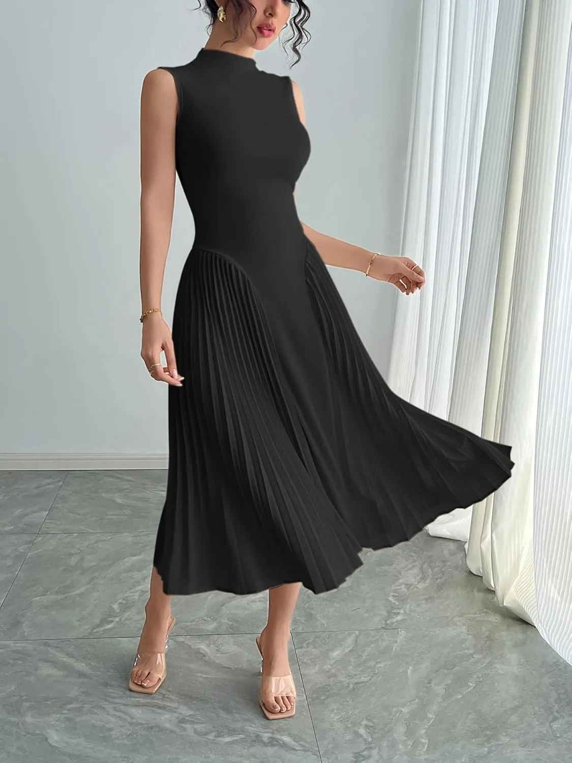 Women Pleated Flowy Midi Dress Turtle Neck Sleeveless Wrinkles Solid Long Dresses Swing Ribbed Knit Casual