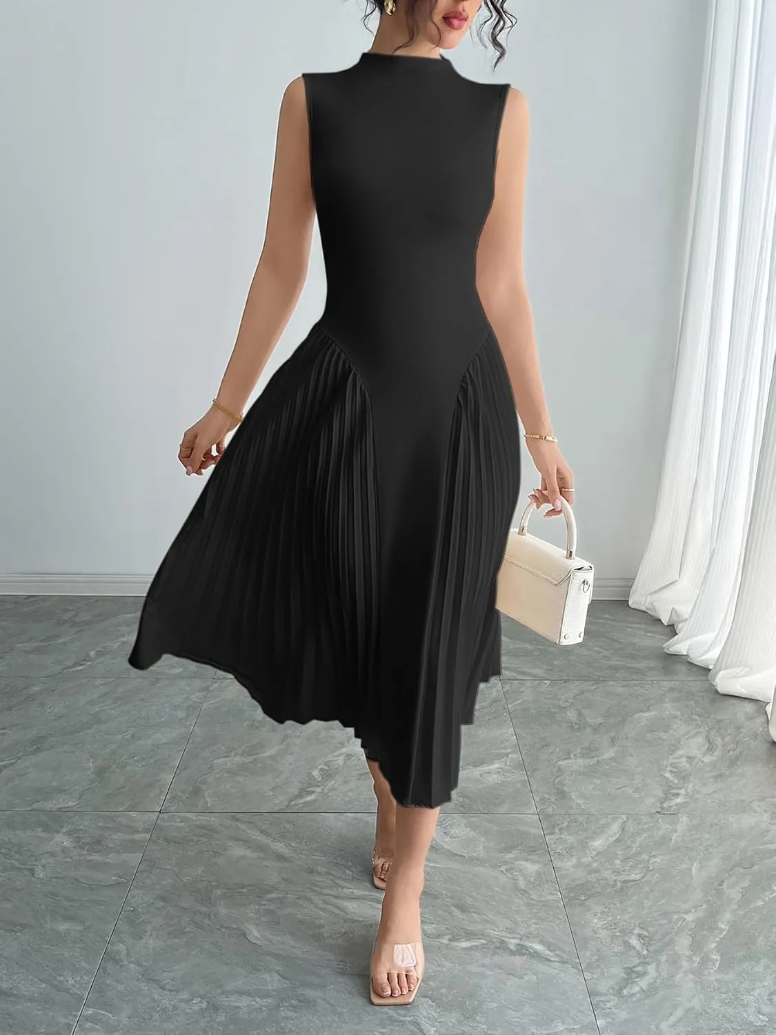 Women Pleated Flowy Midi Dress Turtle Neck Sleeveless Wrinkles Solid Long Dresses Swing Ribbed Knit Casual