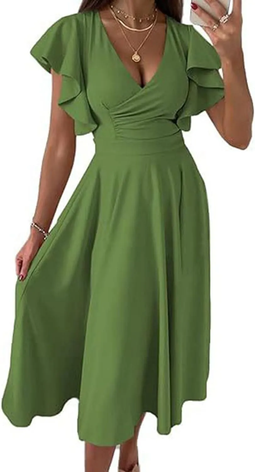 Women's Solid Color Ruffled Skirt Low V Neck Waist Slimming Sexy Dress Big House