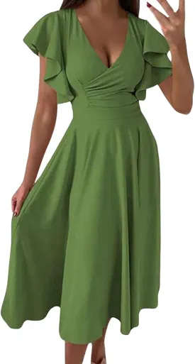 Women's Solid Color Ruffled Skirt Low V Neck Waist Slimming Sexy Dress Big House
