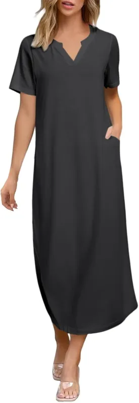 Women's Summer Casual Maxi Dress Short Sleeves V Neck Loose Split Long Beach Shirt Dresses Vacation with Pockets