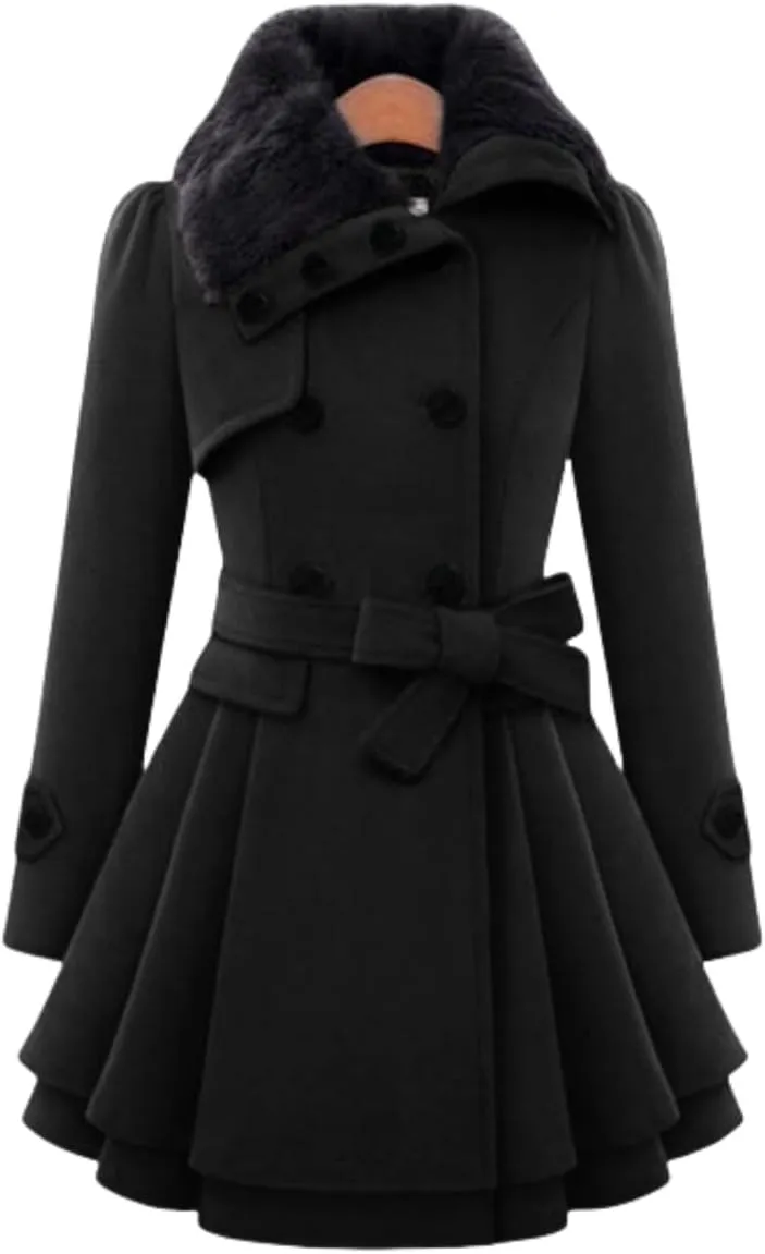 Womens Wool Blend Faux Fur Collar Peacoat Warm Casual Winter Trench Coat Midi Legnth Double Breasted Belted Jacket