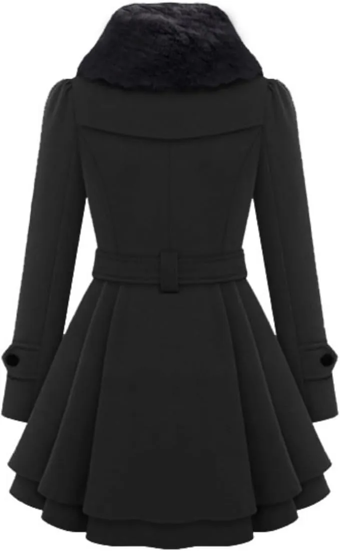 Womens Wool Blend Faux Fur Collar Peacoat Warm Casual Winter Trench Coat Midi Legnth Double Breasted Belted Jacket