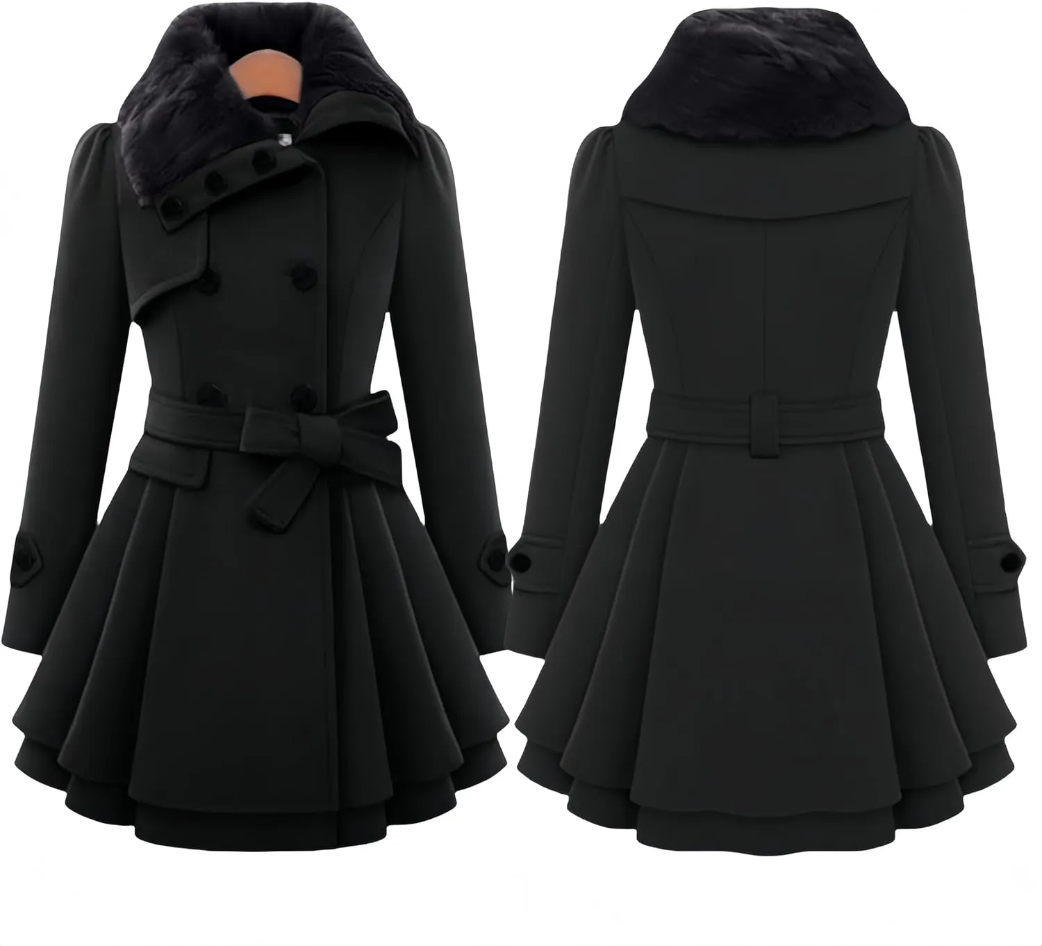Womens Wool Blend Faux Fur Collar Peacoat Warm Casual Winter Trench Coat Midi Legnth Double Breasted Belted Jacket