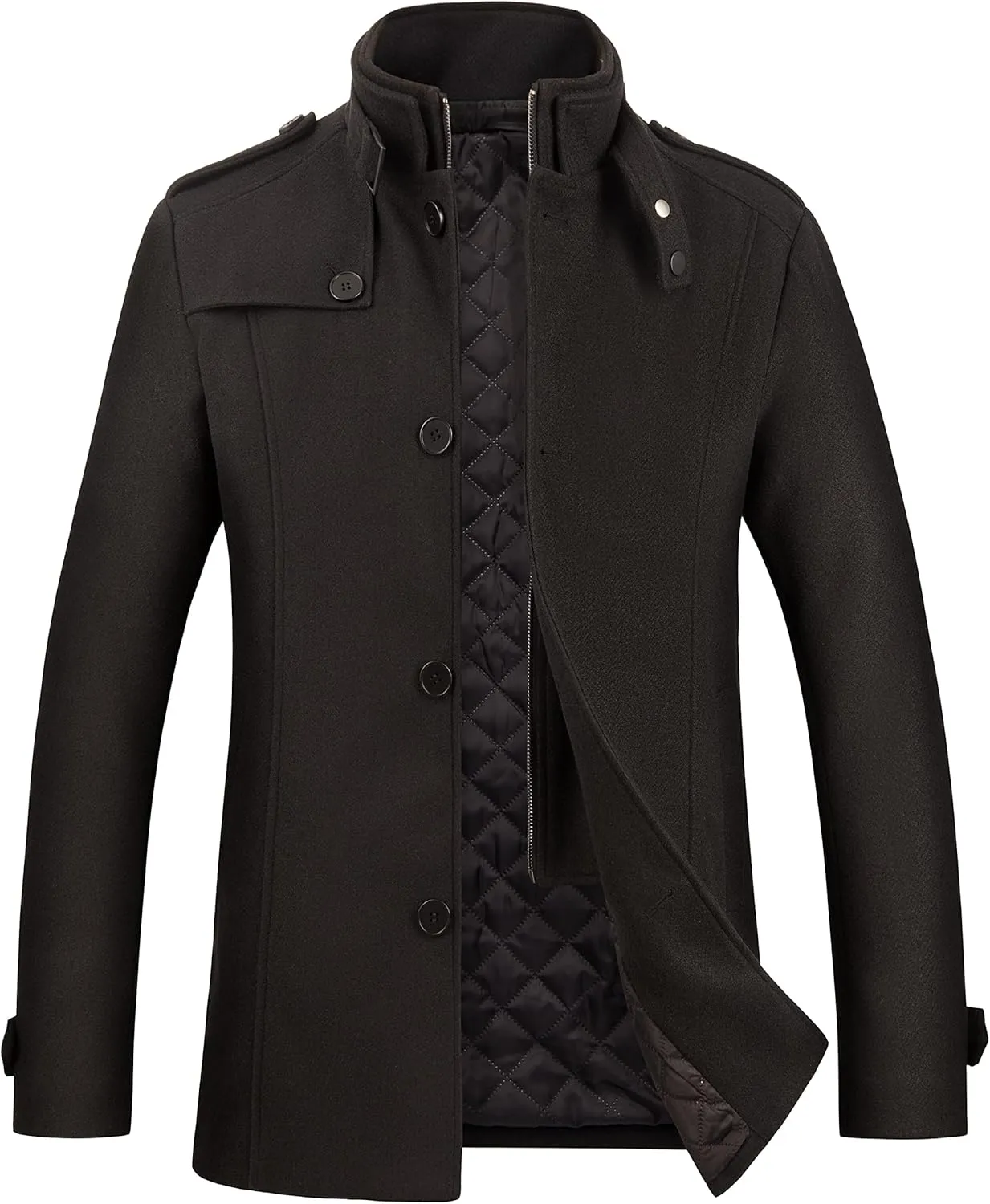 WULFUL Mens Wool Blend Winter Coat Slim Fit Short Trenchcoat Warm Business Jacket with Detachable Soft Wool Scarf