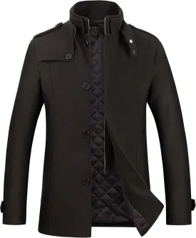 WULFUL Mens Wool Blend Winter Coat Slim Fit Short Trenchcoat Warm Business Jacket with Detachable Soft Wool Scarf