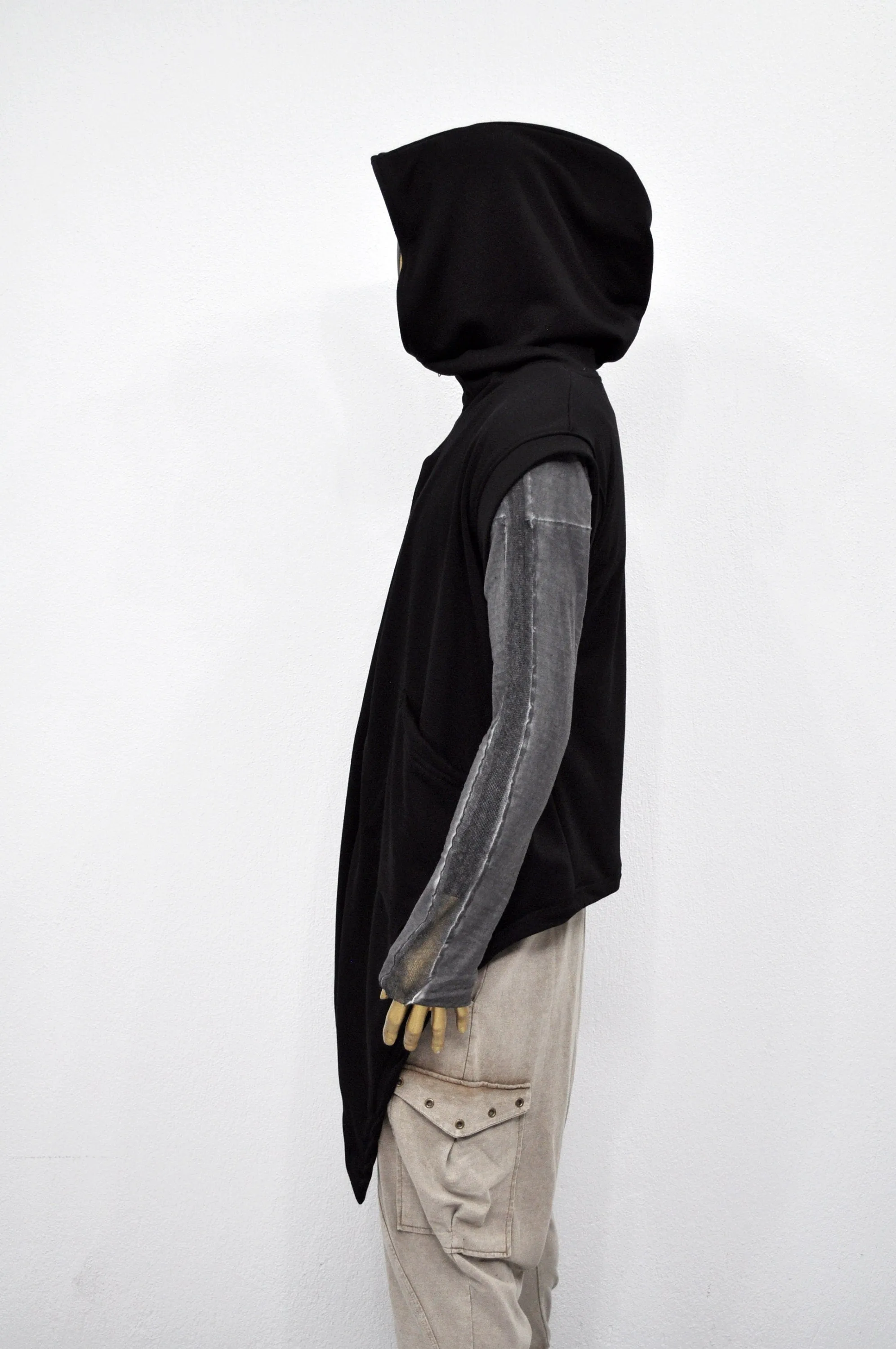 XS - 8XL Unisex Sleeveless Hooded Cardigan Black,Cozy Waistcoat Sweater,Long Loose Soft, Japanese Oversized Shawl,Asymmetrical Vest-BB165