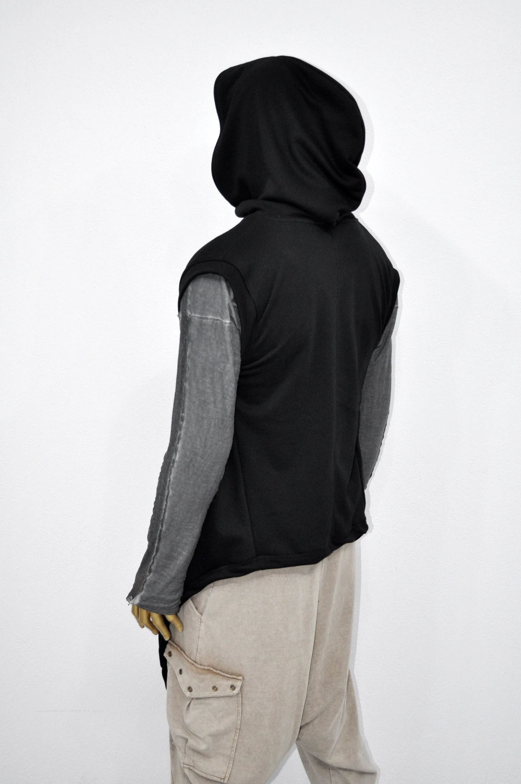XS - 8XL Unisex Sleeveless Hooded Cardigan Black,Cozy Waistcoat Sweater,Long Loose Soft, Japanese Oversized Shawl,Asymmetrical Vest-BB165
