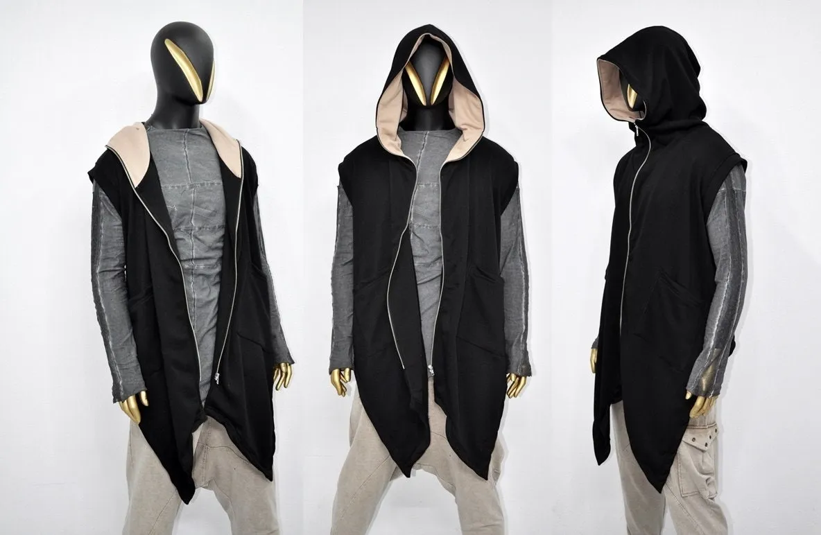 XS - 8XL Unisex Sleeveless Hooded Cardigan Black,Cozy Waistcoat Sweater,Long Loose Soft, Japanese Oversized Shawl,Asymmetrical Vest-BB165