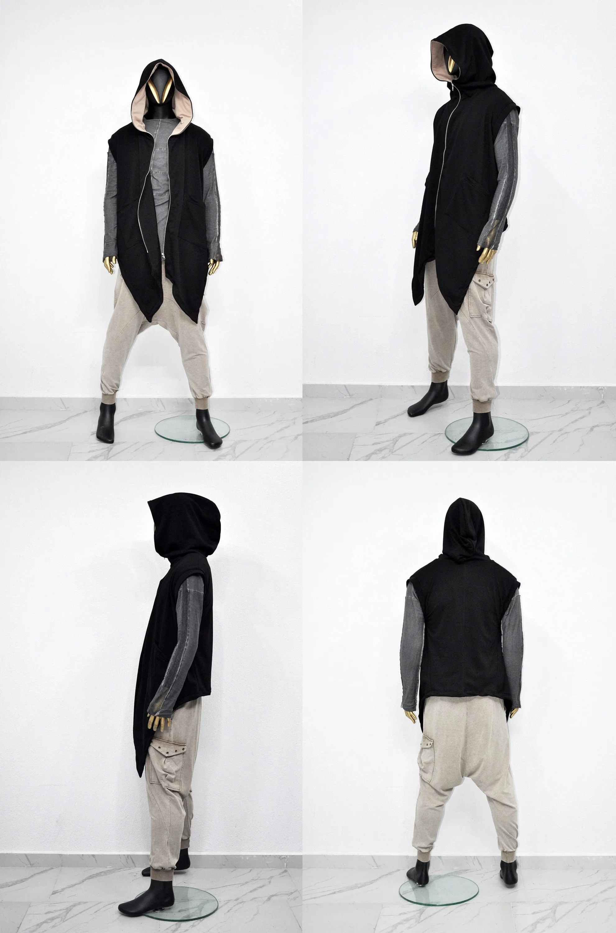 XS - 8XL Unisex Sleeveless Hooded Cardigan Black,Cozy Waistcoat Sweater,Long Loose Soft, Japanese Oversized Shawl,Asymmetrical Vest-BB165