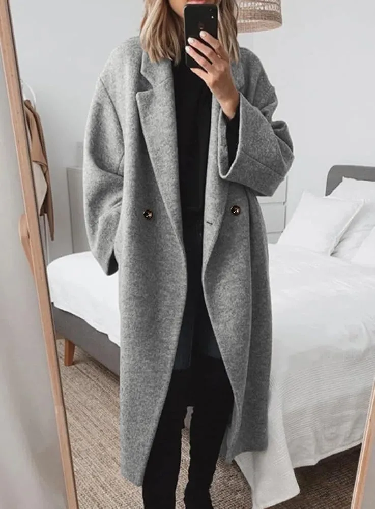 yoeasy Women's Winter Notch Lapel Double Breasted Pea Coat Wool Blend Long Sleeve Casual Long Trench Coat