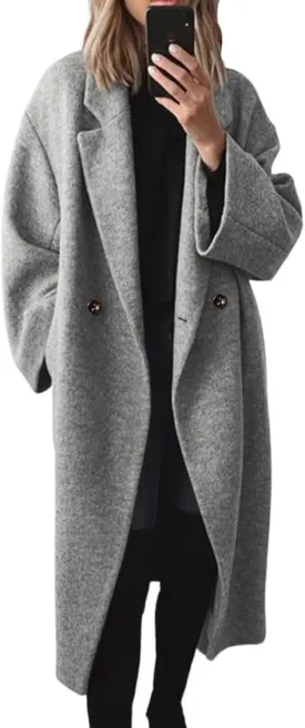 yoeasy Women's Winter Notch Lapel Double Breasted Pea Coat Wool Blend Long Sleeve Casual Long Trench Coat
