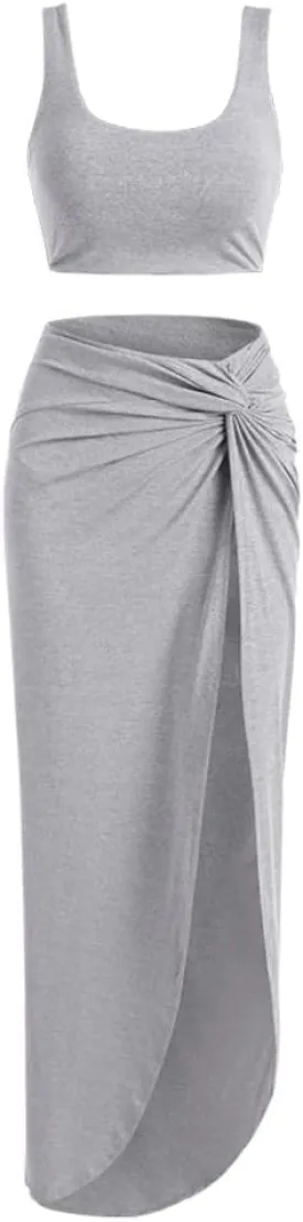 ZAFUL Women's Casual Sleeveless Summer Solid Marled Crop Top and Draped Ruched Maxi Skirt Set Two Piece Dress