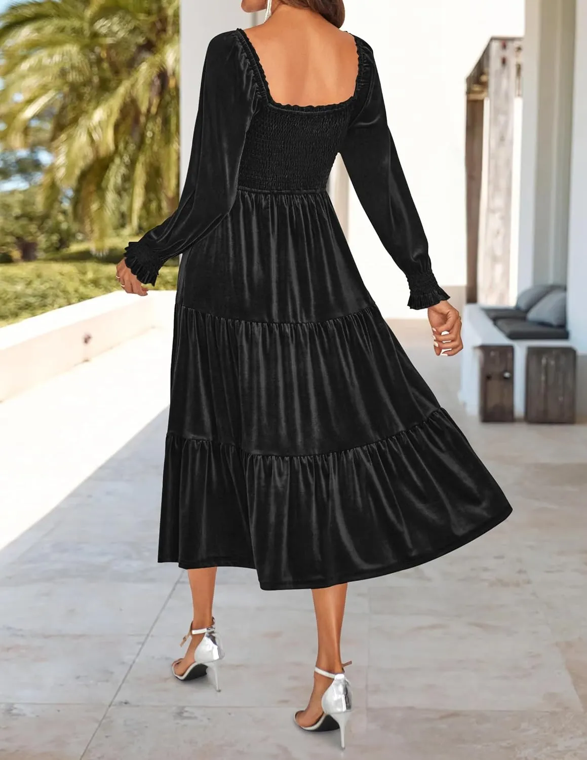 ZESICA Womens Velvet Long Sleeve Dresses 2025 Spring Square Neck Smocked Ruffle A Line Flowy Midi Dress with Pockets