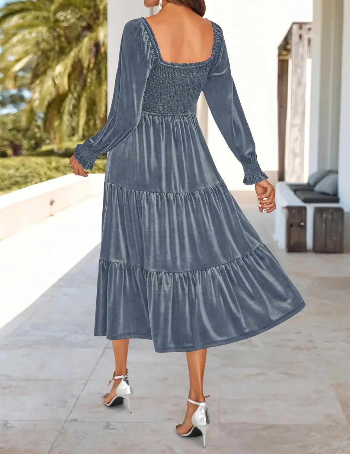 ZESICA Womens Velvet Long Sleeve Dresses 2025 Spring Square Neck Smocked Ruffle A Line Flowy Midi Dress with Pockets