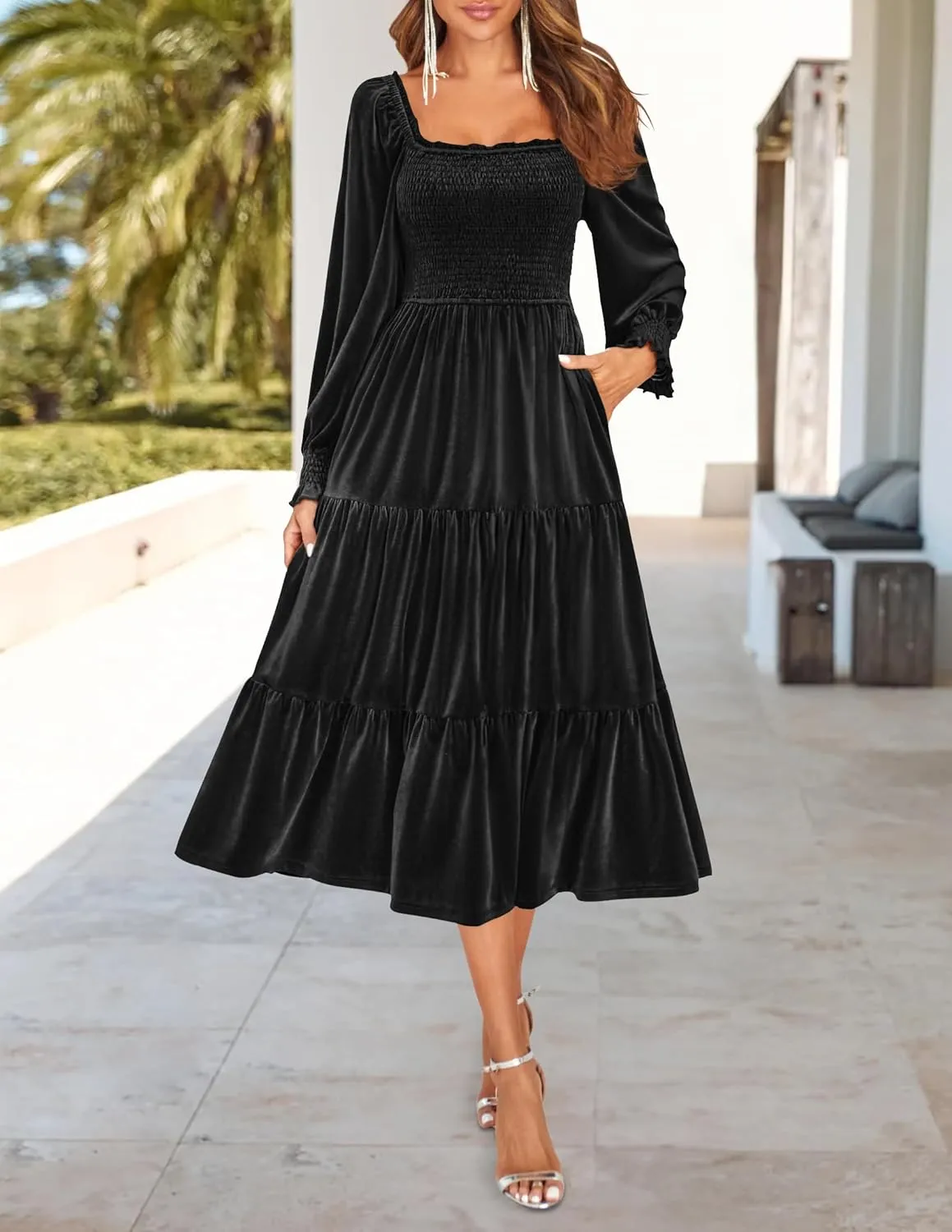 ZESICA Womens Velvet Long Sleeve Dresses 2025 Spring Square Neck Smocked Ruffle A Line Flowy Midi Dress with Pockets