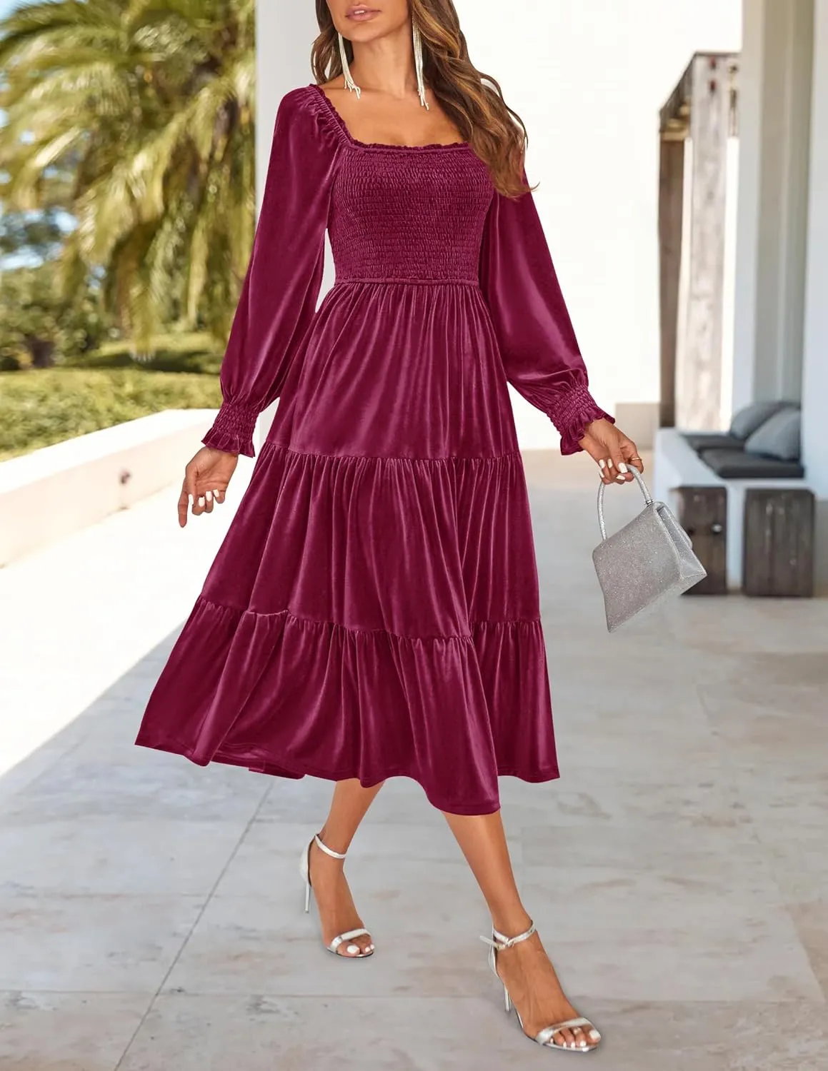 ZESICA Womens Velvet Long Sleeve Dresses 2025 Spring Square Neck Smocked Ruffle A Line Flowy Midi Dress with Pockets