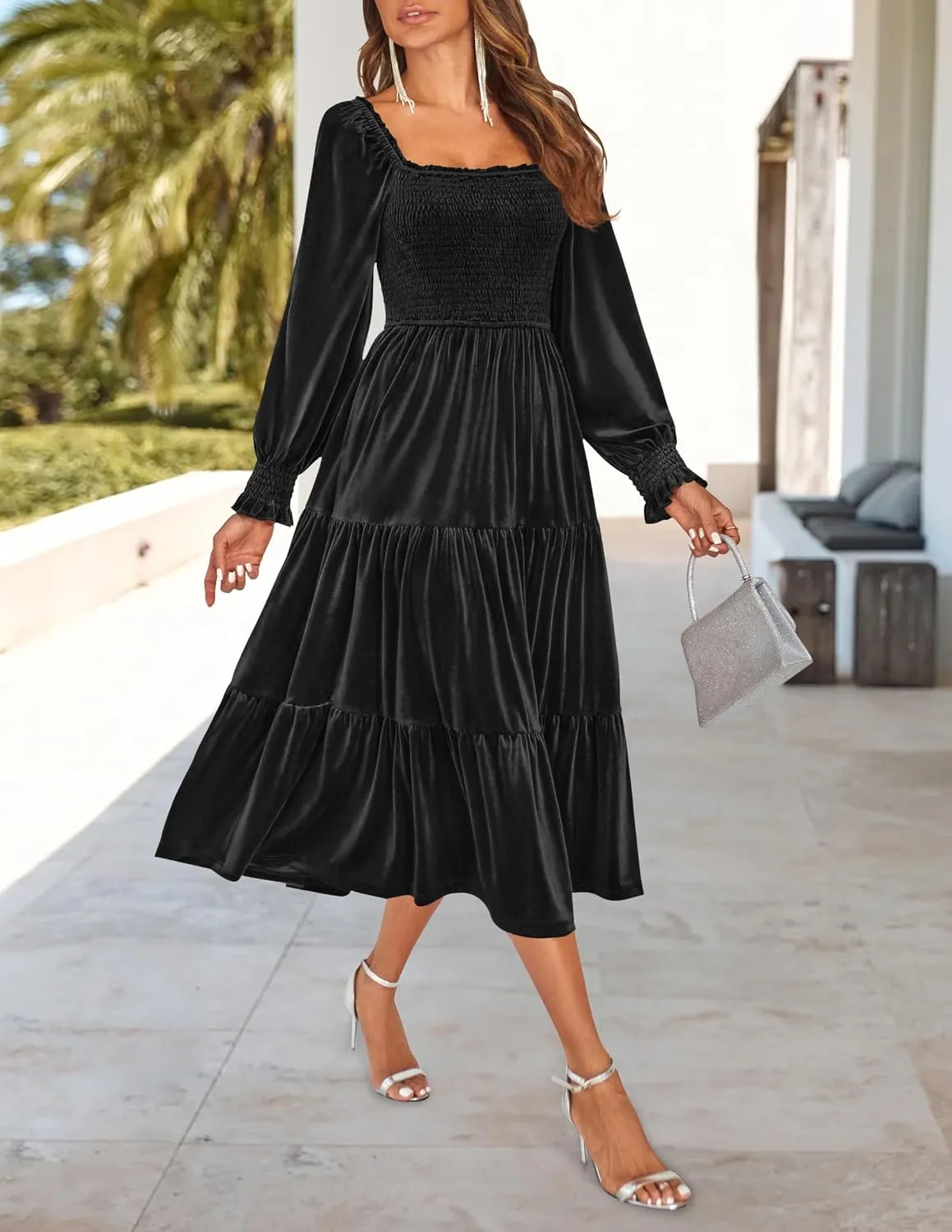 ZESICA Womens Velvet Long Sleeve Dresses 2025 Spring Square Neck Smocked Ruffle A Line Flowy Midi Dress with Pockets