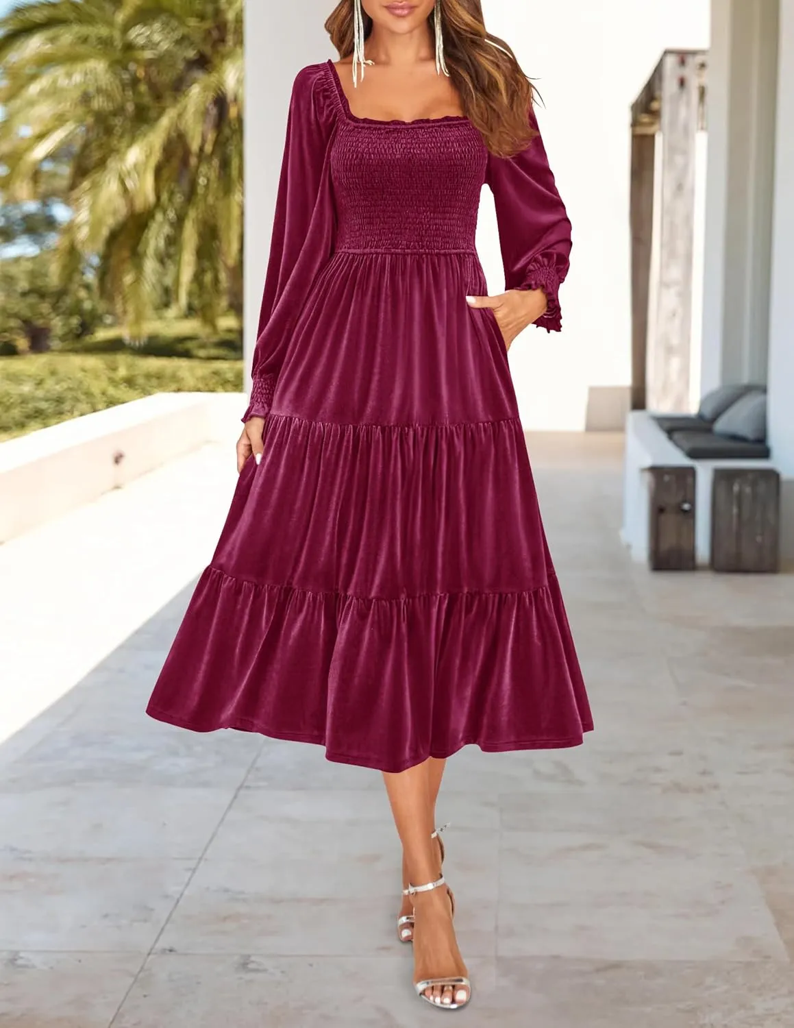 ZESICA Womens Velvet Long Sleeve Dresses 2025 Spring Square Neck Smocked Ruffle A Line Flowy Midi Dress with Pockets