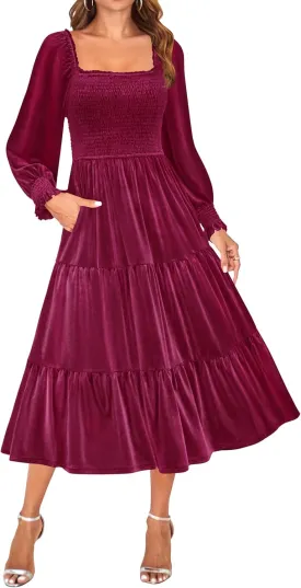 ZESICA Womens Velvet Long Sleeve Dresses 2025 Spring Square Neck Smocked Ruffle A Line Flowy Midi Dress with Pockets