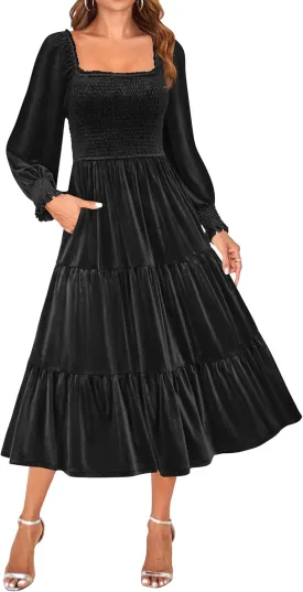 ZESICA Womens Velvet Long Sleeve Dresses 2025 Spring Square Neck Smocked Ruffle A Line Flowy Midi Dress with Pockets