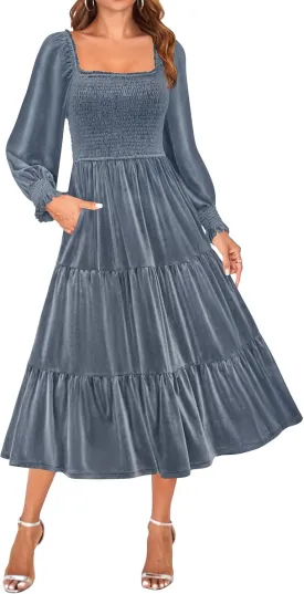 ZESICA Womens Velvet Long Sleeve Dresses 2025 Spring Square Neck Smocked Ruffle A Line Flowy Midi Dress with Pockets