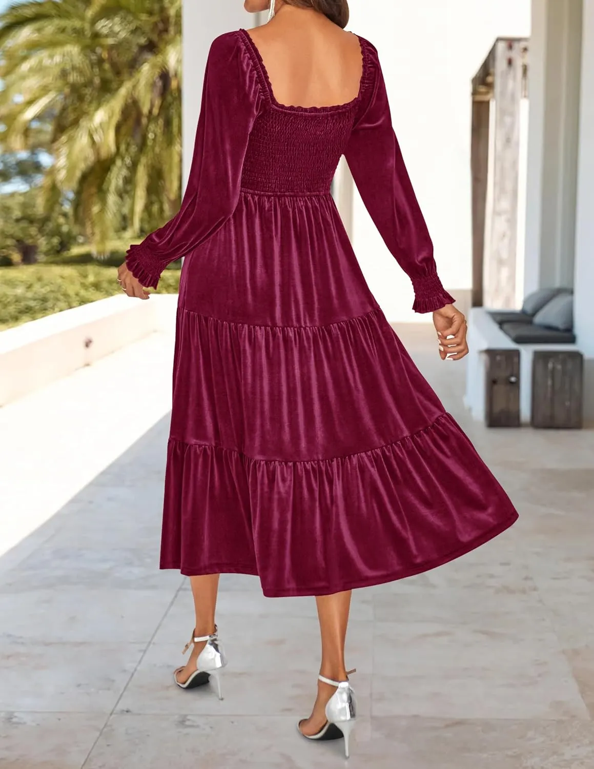 ZESICA Womens Velvet Long Sleeve Dresses 2025 Spring Square Neck Smocked Ruffle A Line Flowy Midi Dress with Pockets
