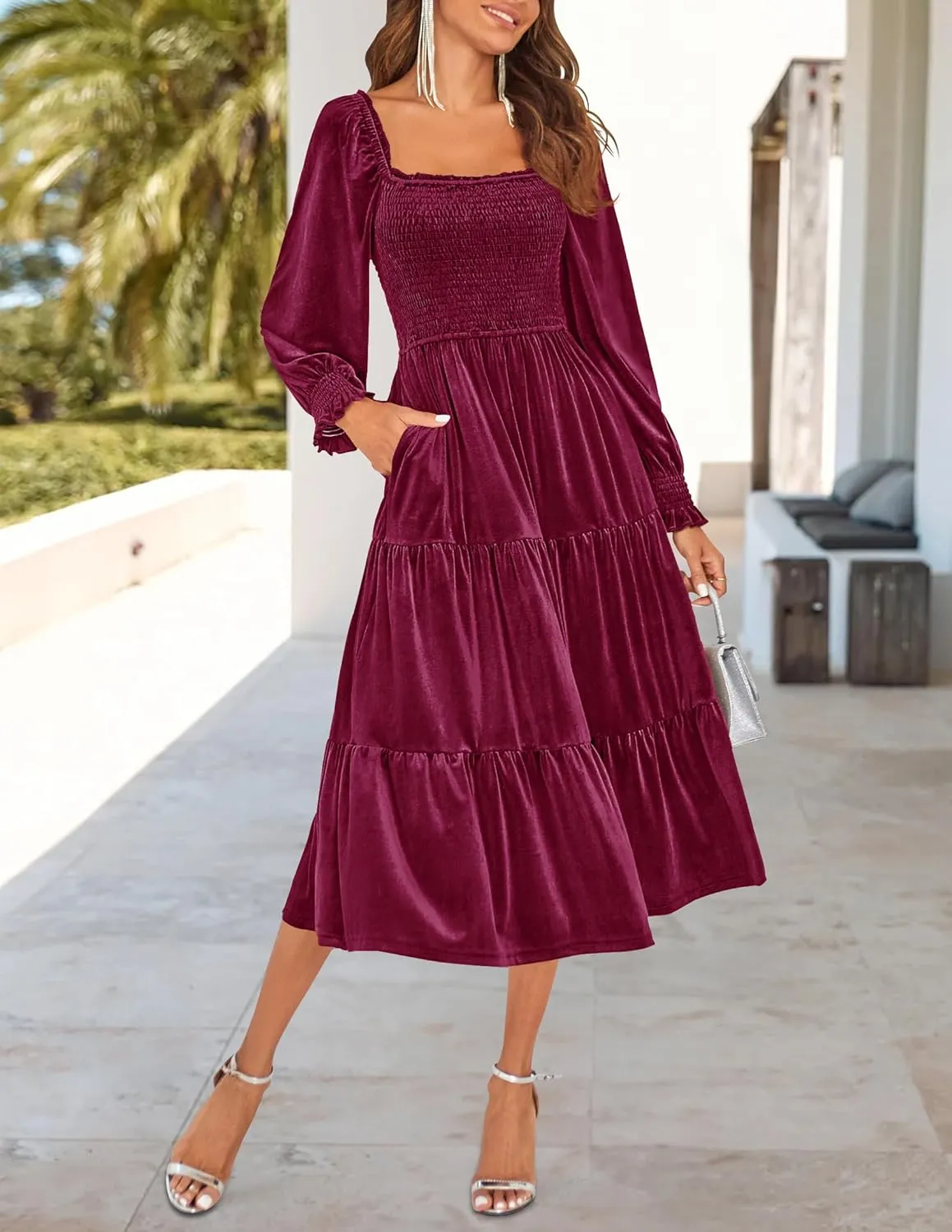 ZESICA Womens Velvet Long Sleeve Dresses 2025 Spring Square Neck Smocked Ruffle A Line Flowy Midi Dress with Pockets